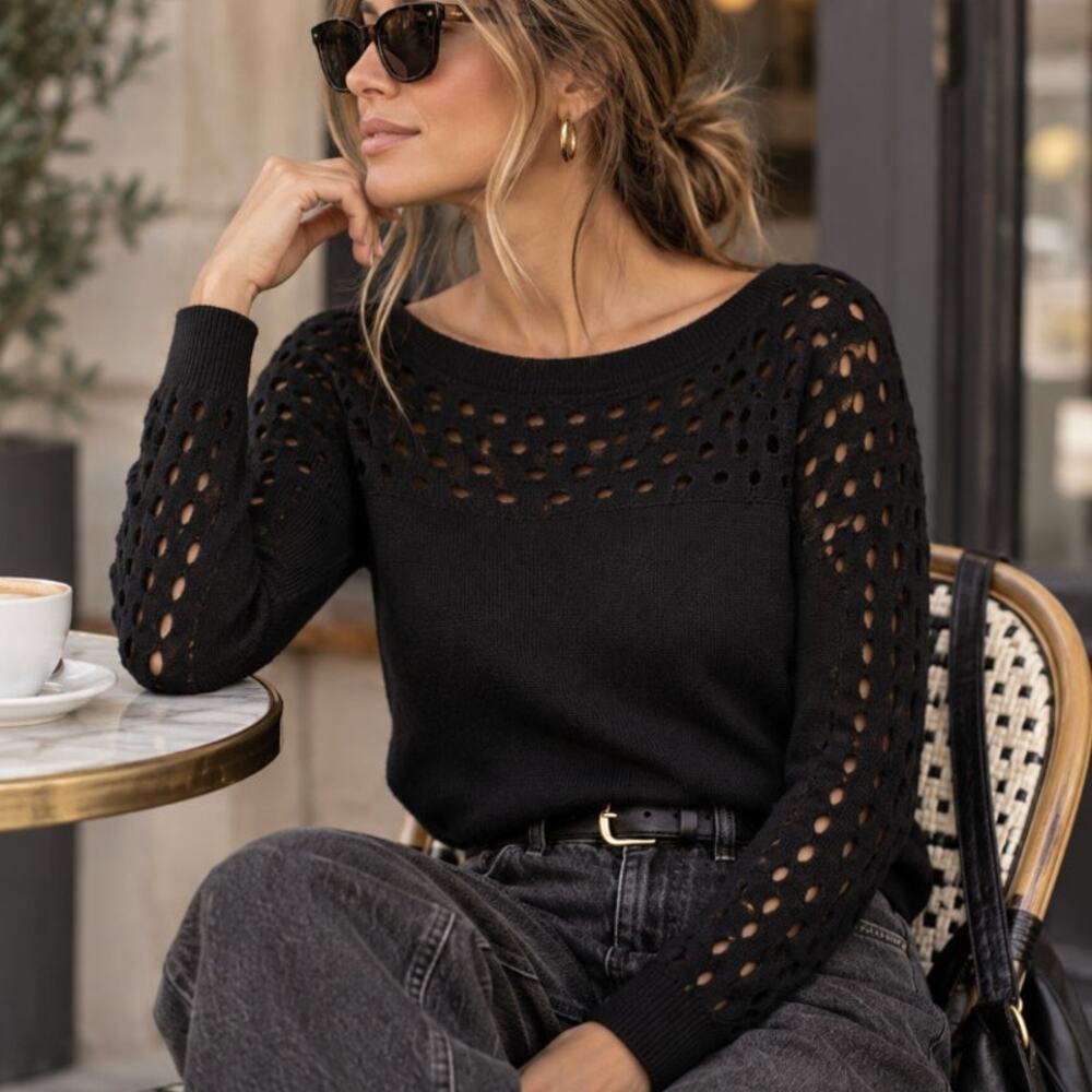 The Kooples Black 100% Wool Openwork Sweater XS Pointelle French Lightweight